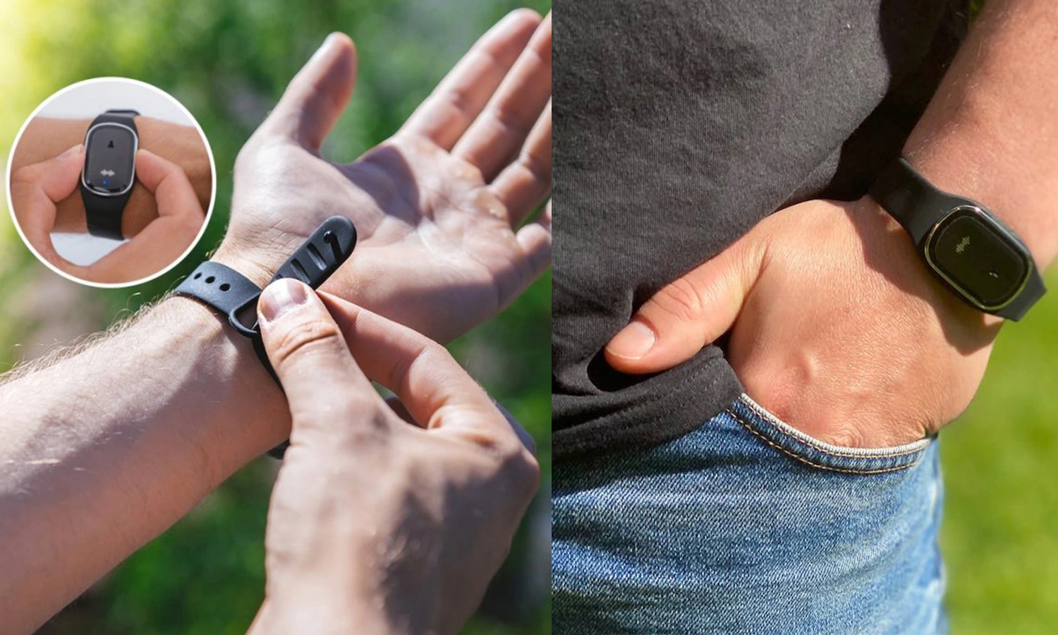 This image features two scenes showing the use of a Moskitopro bracelet. On the left, a person is fastening the black bracelet to their wrist, with a close-up showing the activation of the device. On the right, someone is wearing the bracelet with one hand in their pocket, illustrating the comfort and discretion of the device when used outdoors. The Moskitopro is designed to repel mosquitoes, offering a portable and practical solution against bites.