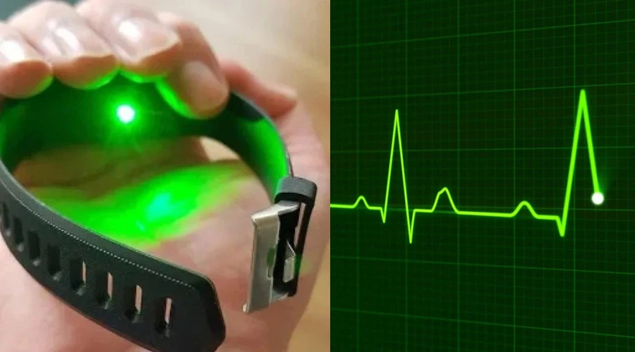 The image is composed of two parts. On the left, a hand is holding a SmartTrack emitting a bright green light, likely used to measure heart rate or other vital signs via an optical sensor. On the right, a screen displays a green ECG (electrocardiogram) signal trace, representing the heart rate with a distinctive peak, symbolizing real-time measurement.